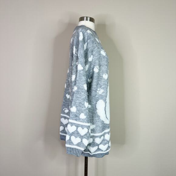 Vintage | New Addition Cat Heart Print Grey White Kitty Kawaii Retro Sweater L - Picture 3 of 7